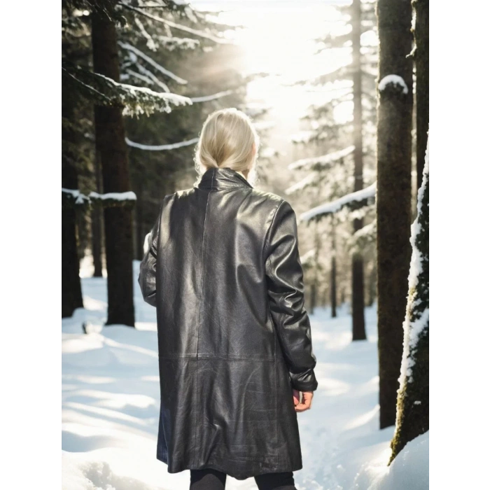 Kadın Uzun Kollu Hakiki Deri Ceket - Siyah