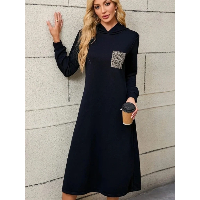 Kadın Uzun Kollu Kapşonlu Cep Detaylı Viskon Iki Iplik Maxi Elbise