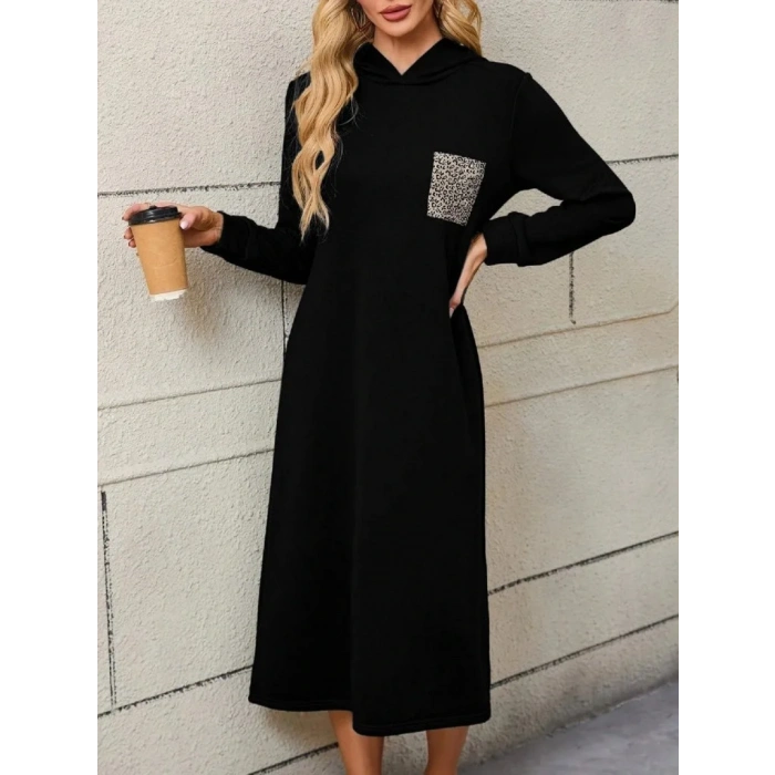 Kadın Uzun Kollu Kapşonlu Cep Detaylı Viskon Iki Iplik Maxi Elbise