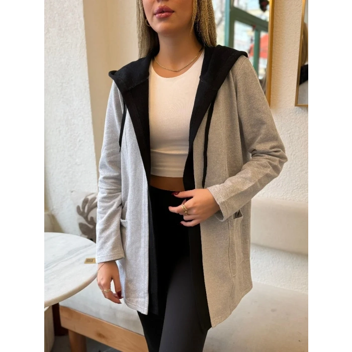 Kadın Uzun Kollu Kapşonlu çift Renkli şardonlu Iki Iplik Ceket