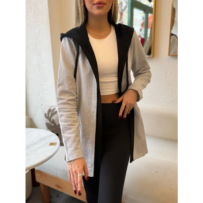 Kadın Uzun Kollu Kapşonlu çift Renkli şardonlu Iki Iplik Ceket