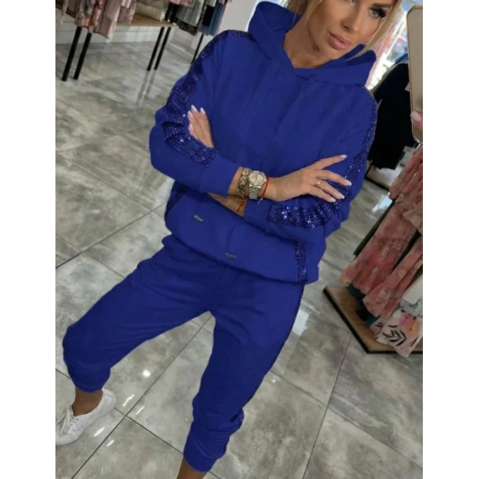 Kadın Uzun Kollu Kapşonlu Pulpayet Detay Viskon Iki Iplik Bluz Ve Pantolon Ikili Takım