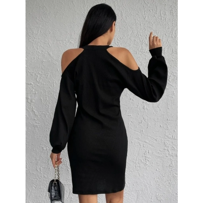 Kadın Uzun Kollu Omuzları Açık Boyundan şerit Detay Kaşkorse Elbise