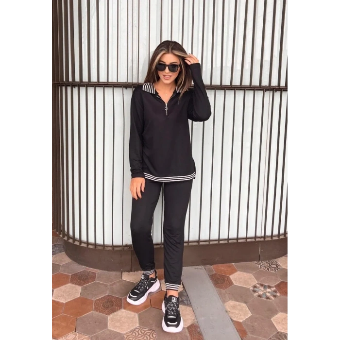 Kadın Uzun Kollu Ribana Ve Fermuar Detay Bluz Ve Yüksel Bel Pantolon 2li Takım