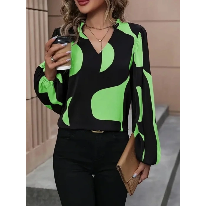 Kadın Uzun Kollu V Yakalı Desenli Modal Bluz