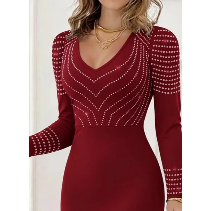 Kadın Uzun Kollu V Yakalı Taşlı Mini Ithal Krep Elbise