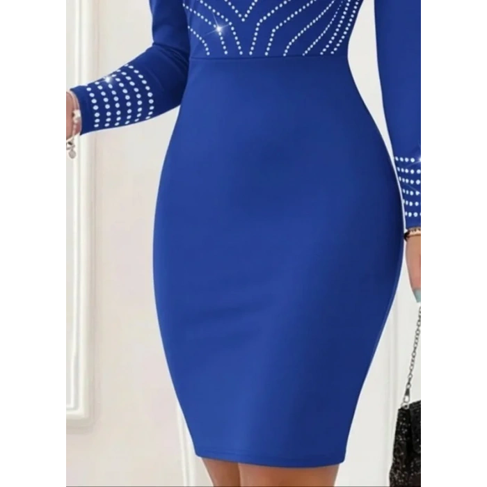 Kadın Uzun Kollu V Yakalı Taşlı Mini Ithal Krep Elbise