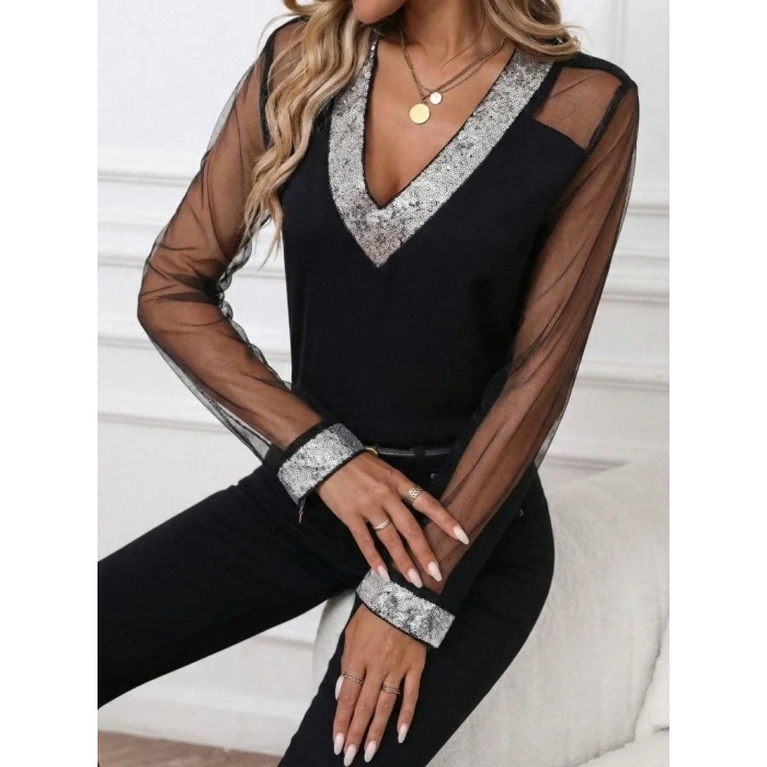Kadın Uzun Kollu V Yakalı Tül Detaylı Ithal Krep Bluz