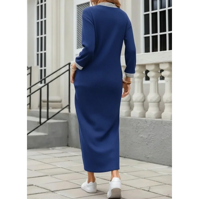 Kadın Uzun Kollu V Yakalı Yanlardan Yırtmaçlı Uzun Viskon Iki Iplik Elbise