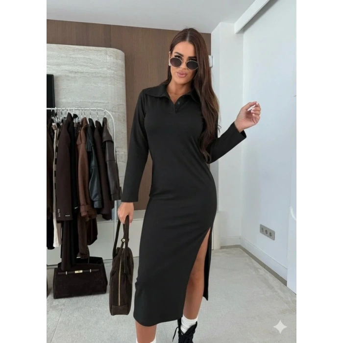 Kadın Uzun Kollu Yakalı Yandan Yırtmaçlı Midi Modal Elbise