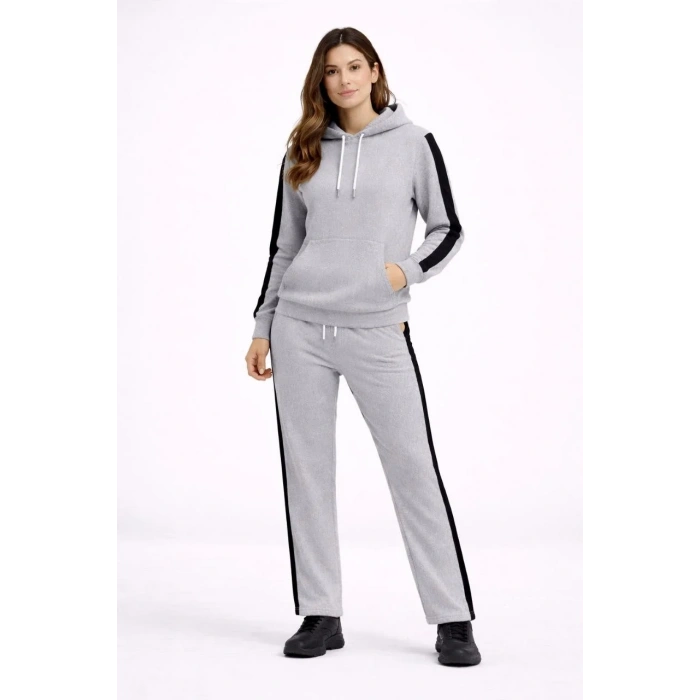 KADIN Yandan Şeritli Eşofman Takım Kapüşonlu Sweatshirt Boru Paça Alt, Oversize 3 iplik Pamuklu - Gri