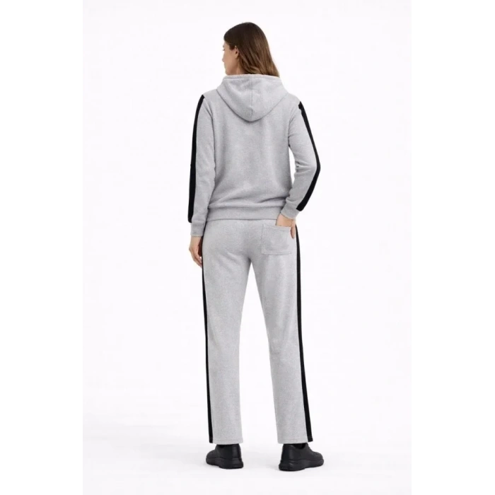 KADIN Yandan Şeritli Eşofman Takım Kapüşonlu Sweatshirt Boru Paça Alt, Oversize 3 Iplik Pamuklu - Gri