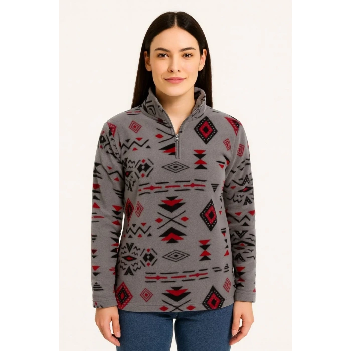 Kadın Yarım Fermuarlı Desenli Polar Sweat Tribal Etnik Desen Yakalı, Uzun Kollu, Oversize Rahat Kalıp - Füme