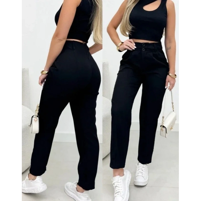 Kadın Yüksek Bel Cepli Paça Ağzı Pile Detaylı Ithal Krep Pantolon