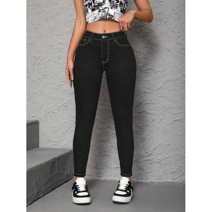 Kadın Yüksek Bel önden Düğmeli Dar Kesim Kot Pantolon