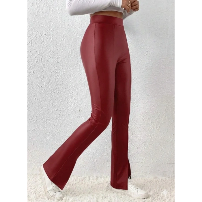 Kadın Yüksek Bel önden Yırtmaçlı Deri Tayt