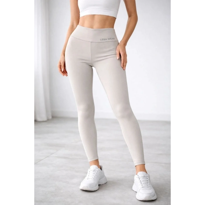 Kadın Yüksek Bel Toparlayıcı Likralı dalgıç Spor Tayt Esnek Rahat Kalıp - Bej