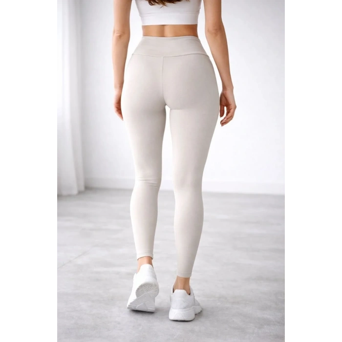 Kadın Yüksek Bel Toparlayıcı Likralı dalgıç Spor Tayt Esnek Rahat Kalıp - Bej