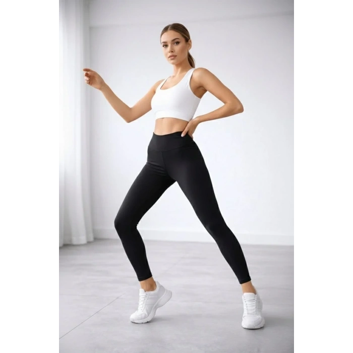 Kadın Yüksek Bel Toparlayıcı Likralı Düz Sporcu Tayt - Siyah