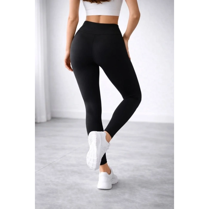 Kadın Yüksek Bel Toparlayıcı Likralı Düz Sporcu Tayt - Siyah