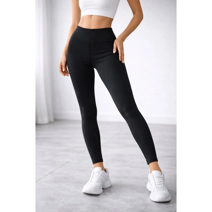 Kadın Yüksek Bel Toparlayıcı Likralı Düz Sporcu Tayt - Siyah