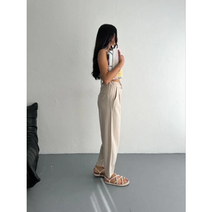 Kadın Yüksel Bel Beli Bağcıklı Rahat Boru Paça Pantalon - Kırık Beyaz