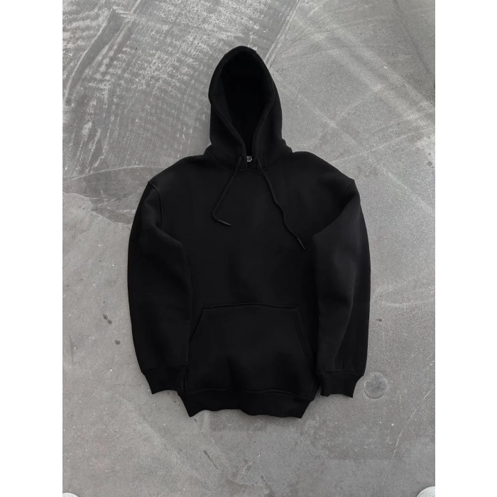 Kapüşonlu Üç İplik Penye Basic SweatShirt - Siyah