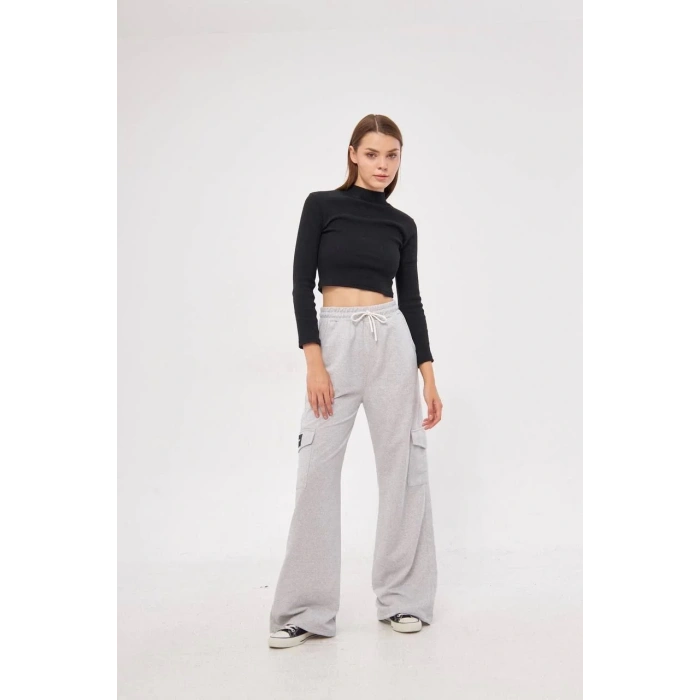 Kargo Cepli Palazzo Oversize Kesim İki iplik Bol Paça Eşofman Altı Pantalon - Gri