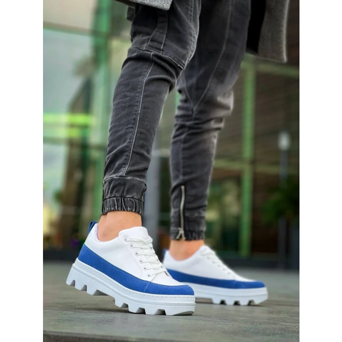 KB-056 Kuback Beyaz Mavi Detaylı Beyaz Yüksek Taban Günlük Spor Ayakkabı