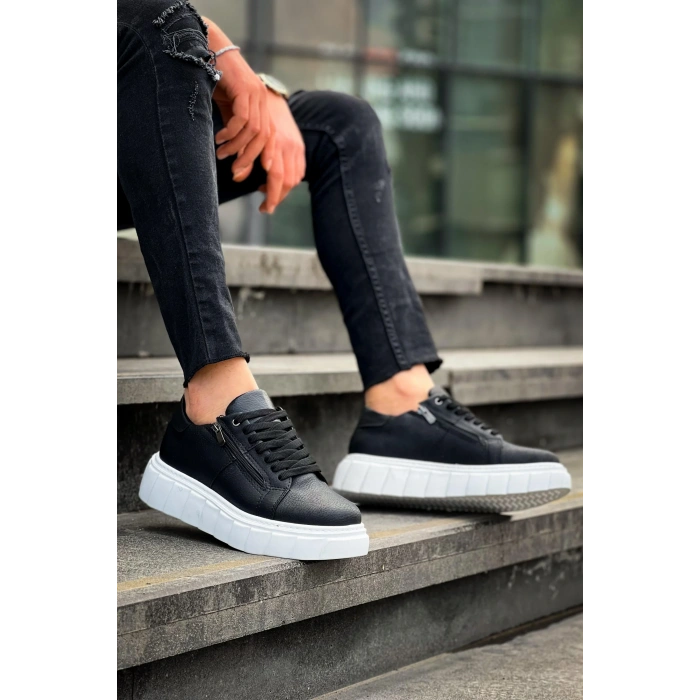 KB-X155 Kuback Siyah Cilt Detaylı Beyaz Yüksek Taban Günlük Spor Ayakkabı