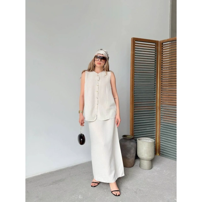 Keten Kolsuz Sıfır Yaka İlik Düğmeli Kolsuz Hırka Etek ikili Takım- Beyaz