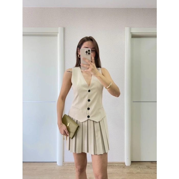 Keten Takım Görünümlü Düğme Detaylı Yelekli Mini Elbise - Bej