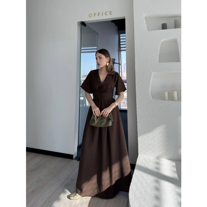 Kısa Kollu Uzun Elbise - Kahve