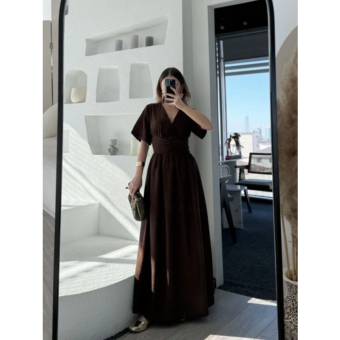 Kısa Kollu Uzun Elbise - Kahve