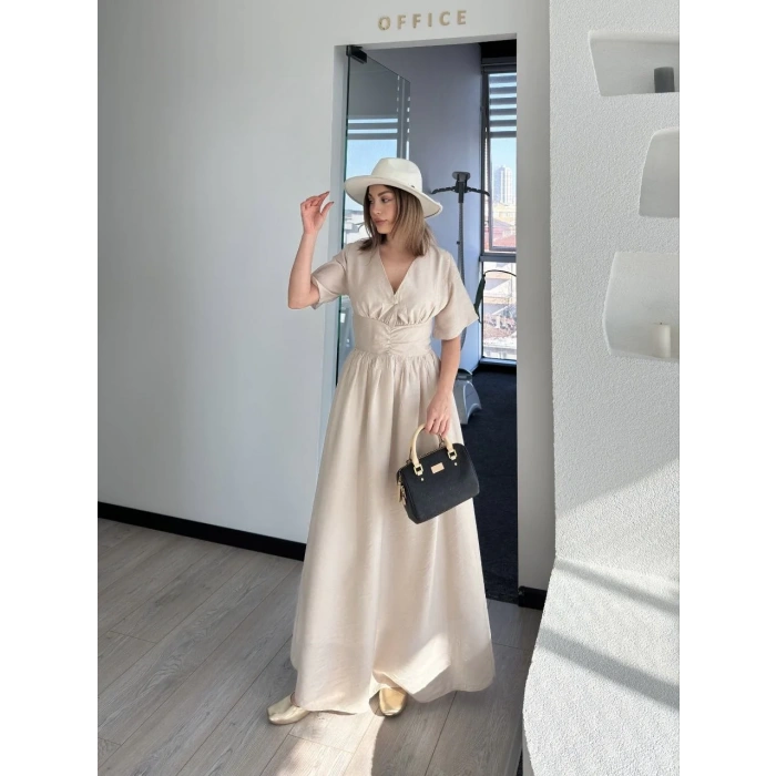 Kısa Kollu Uzun Elbise - Kırık Beyaz