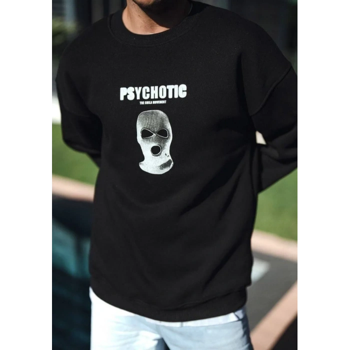 Kışlık Bisiklet Yaka Baskılı SweatShirt - Siyah