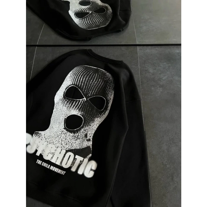 Kışlık Bisiklet Yaka Baskılı SweatShirt - Siyah