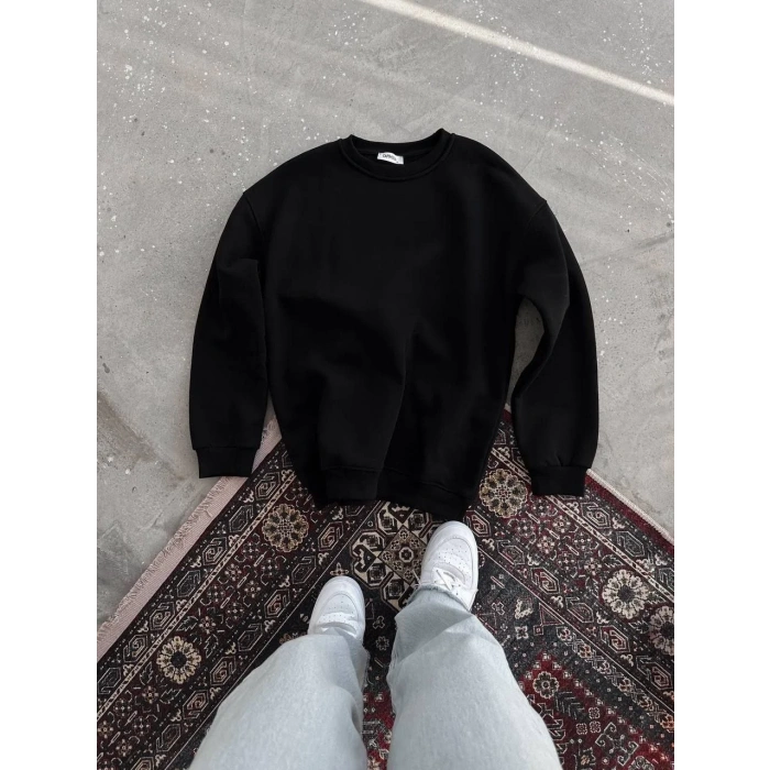 Kışlık Bisiklet Yaka Üç İplik Basic SweatShirt - Siyah
