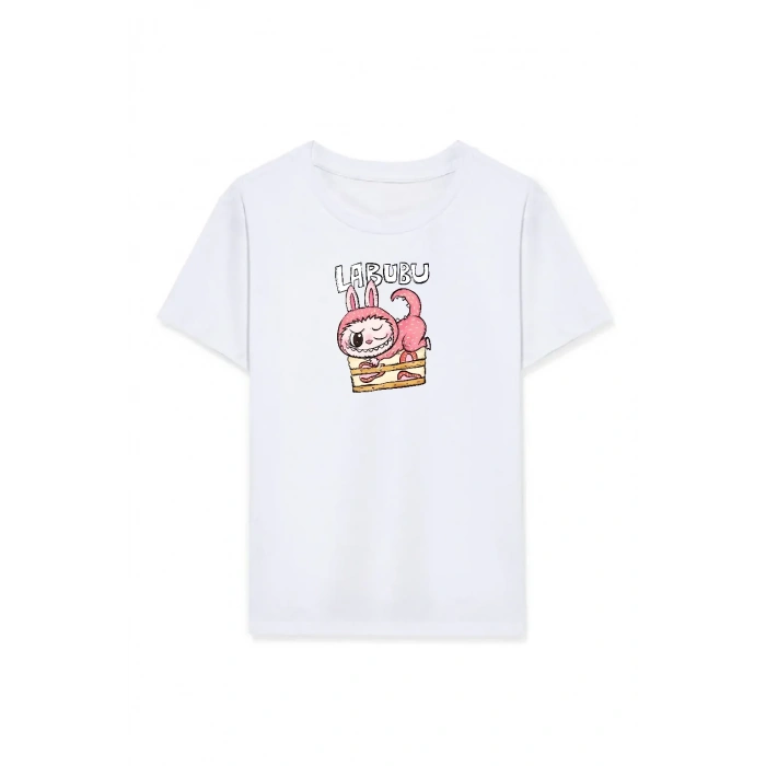 Kız Labubu Çocuk Baskılı T-Shirt - Beyaz