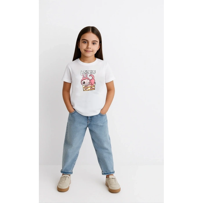Kız Labubu Çocuk Baskılı T-Shirt - Beyaz