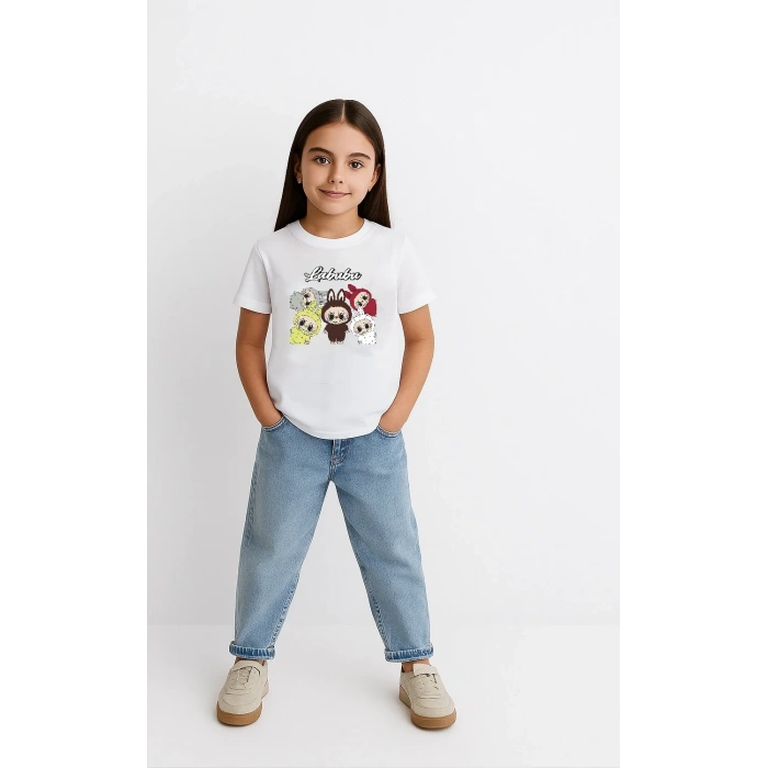 Kız Labubu Çocuk Baskılı T-Shirt - Beyaz