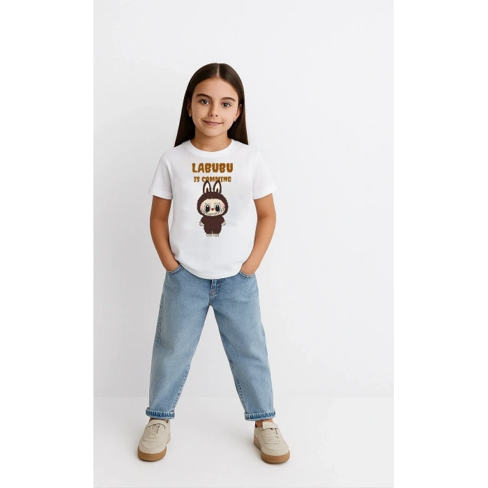 Kız Labubu Çocuk Baskılı T-Shirt - Beyaz