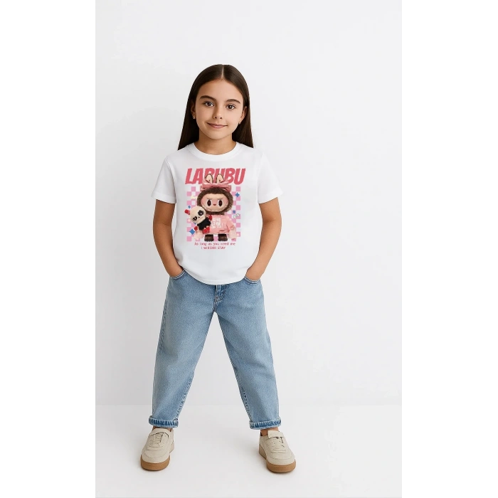 Kız Labubu Çocuk Baskılı T-Shirt - Beyaz