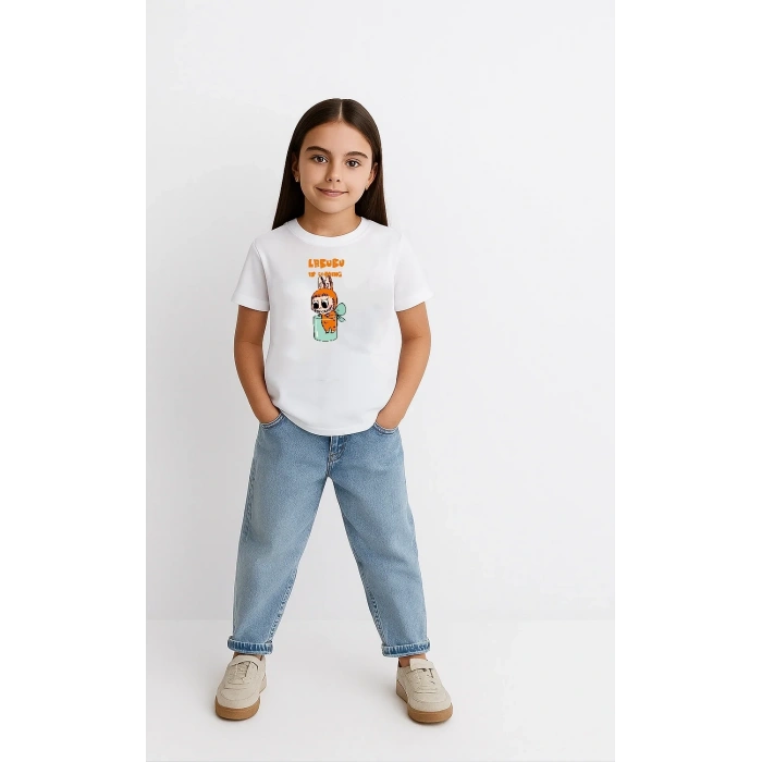 Kız Labubu Çocuk Baskılı T-Shirt - Beyaz