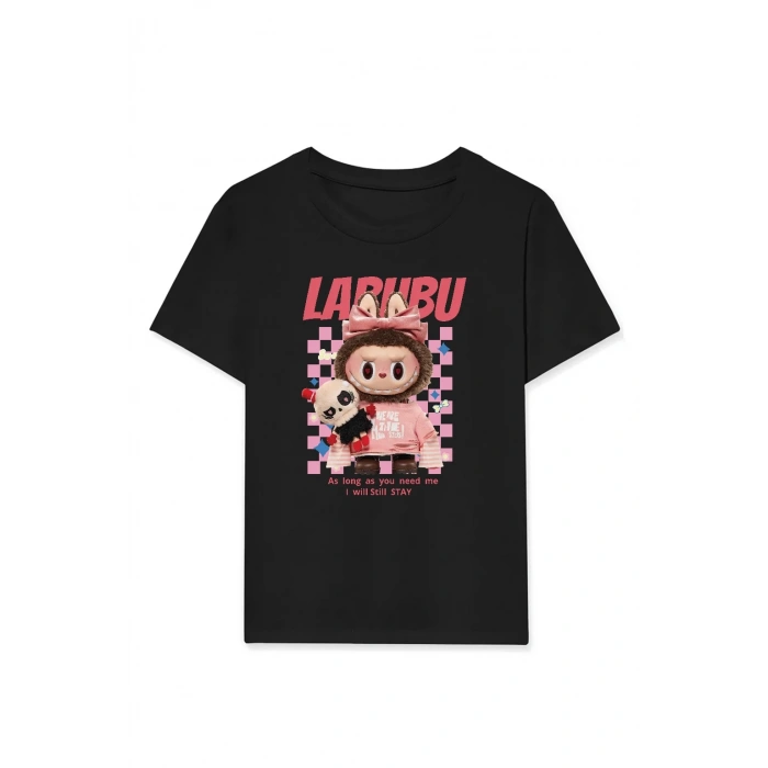 Kız Labubu Çocuk Baskılı T-Shirt - Siyah