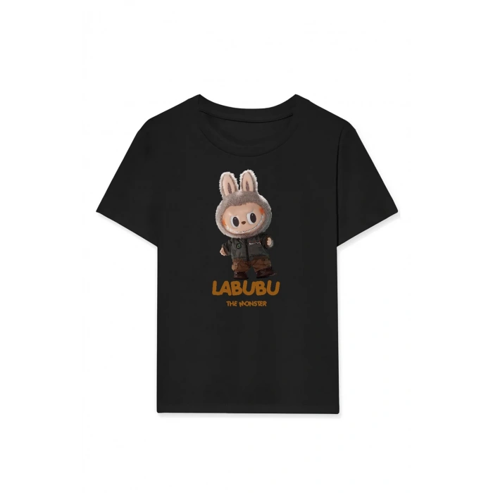 Kız Labubu Çocuk Baskılı T-Shirt - Siyah