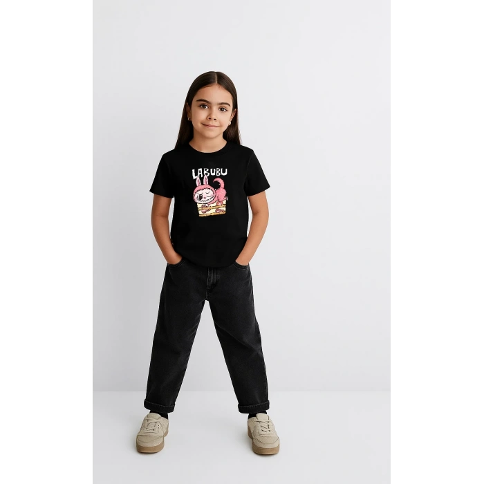 Kız Labubu Çocuk Baskılı T-Shirt - Siyah