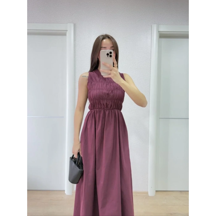Kolsuz Göğüs Lastıklı %100 Poplin Uzun Elbise - Bordo