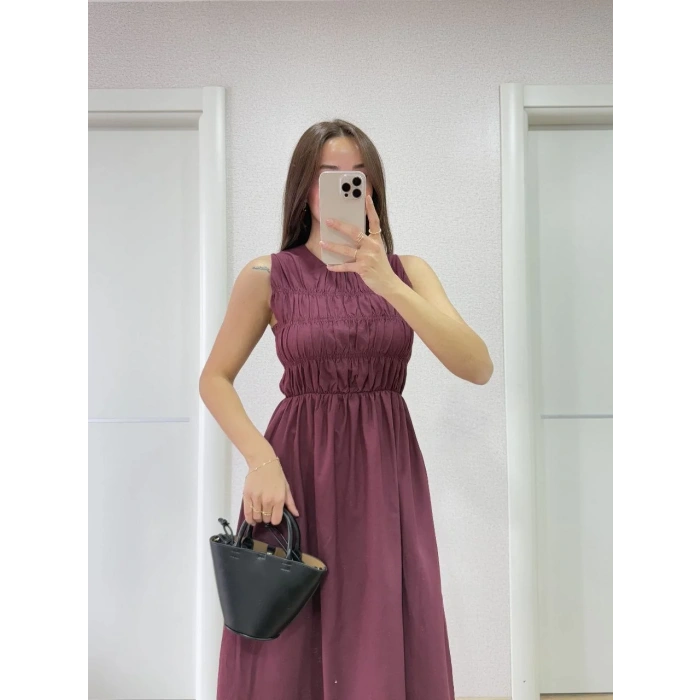 Kolsuz Göğüs Lastıklı %100 Poplin Uzun Elbise - Bordo