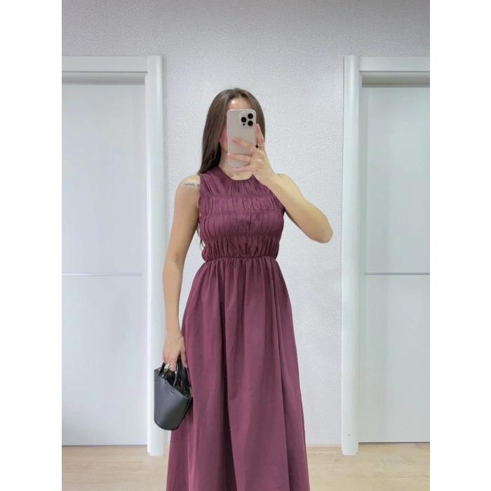 Kolsuz Göğüs Lastıklı %100 Poplin Uzun Elbise - Bordo
